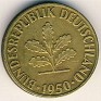 Deutch Mark - 5 Pfennig - Germany - 1950 - Brass Plated Steel - KM# 107 - 18,5 mm - Obv: Five oak leaves, date below. Obv. Leg.: BUNDES REPUBLIK DEUTSCHLAND. Rev: Denomination. - 0